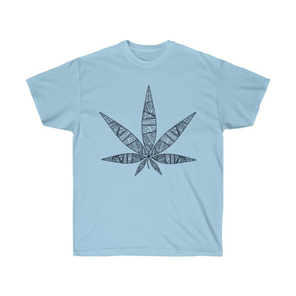 a light blue Tribal Marijuana Leaf Tee.