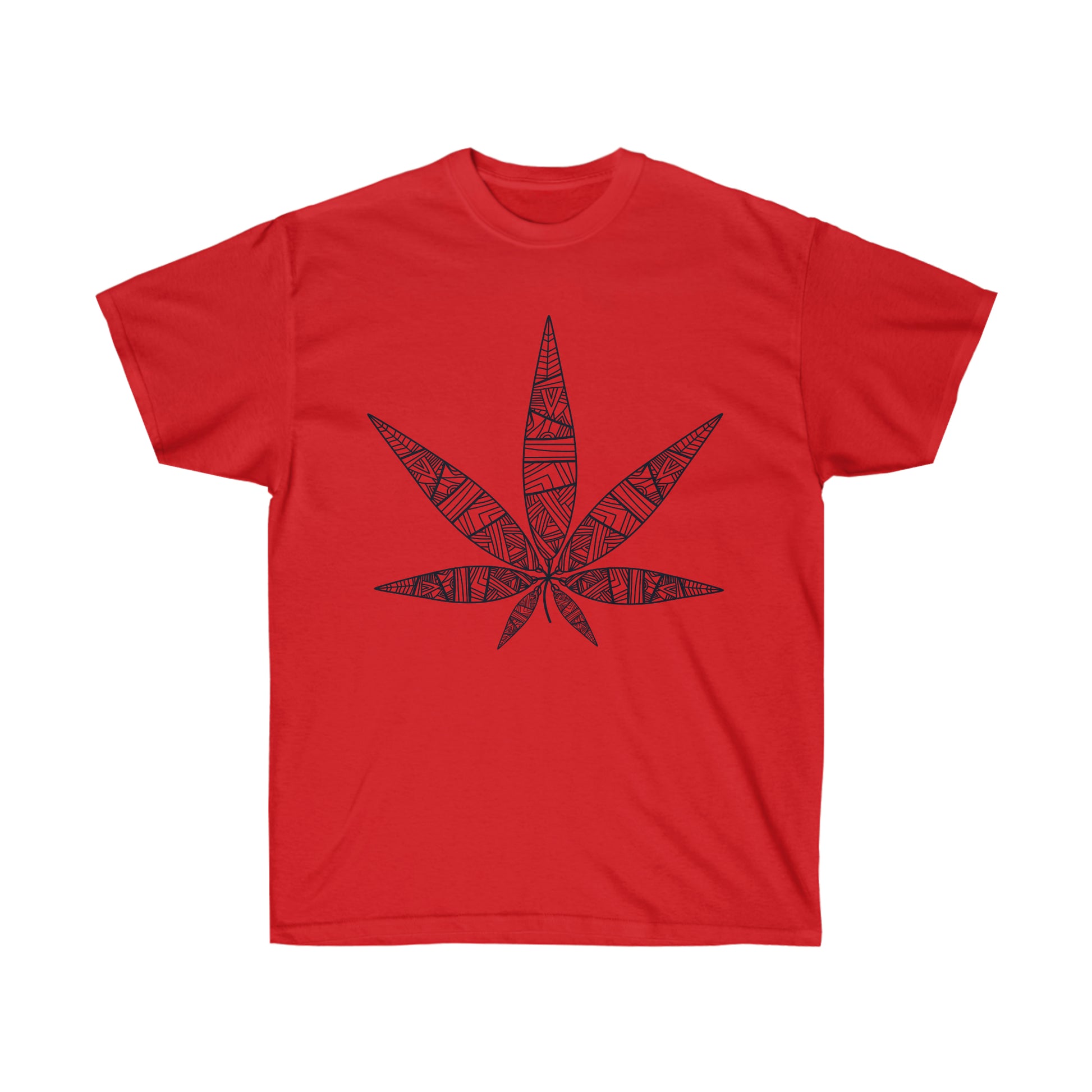 a red Tribal Marijuana Leaf Tee.