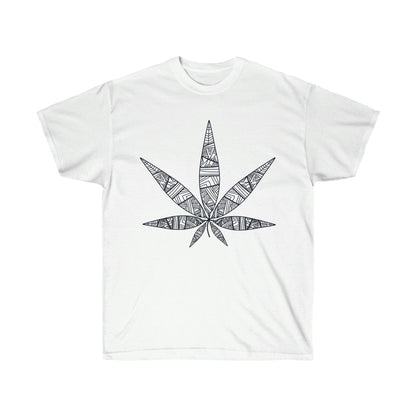 a white Tribal Marijuana Leaf Tee.