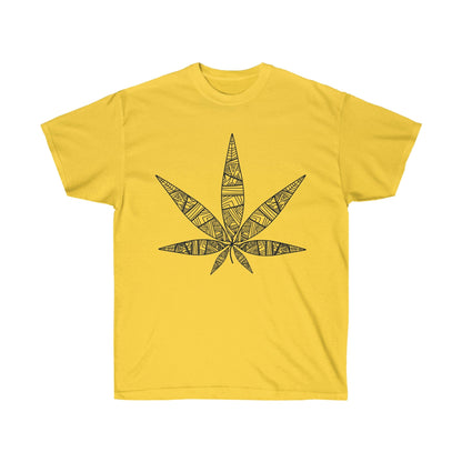 a yellow Tribal Marijuana Leaf Tee.