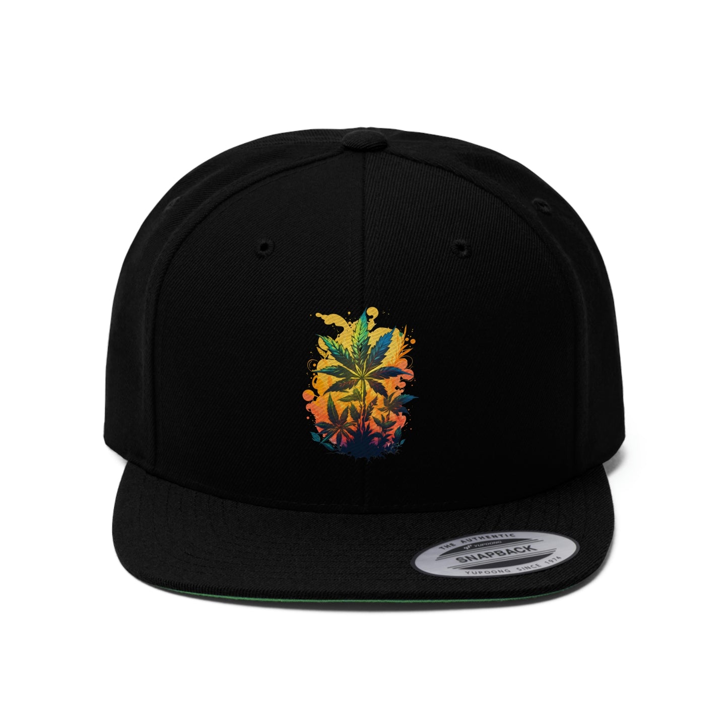 Warm Cannabis Paradise Snapback Hat with weed leaves on an orange and yellow background in the black on black color way