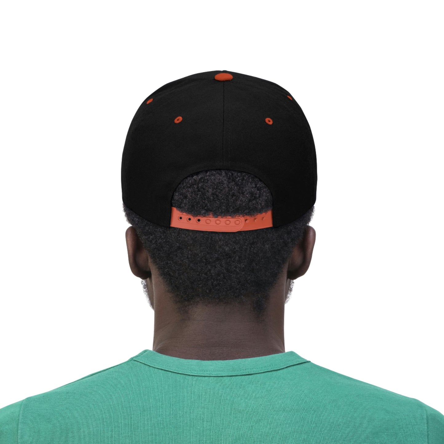 The back of the Warm Cannabis Paradise Snapback Hat in the orange and black color scheme