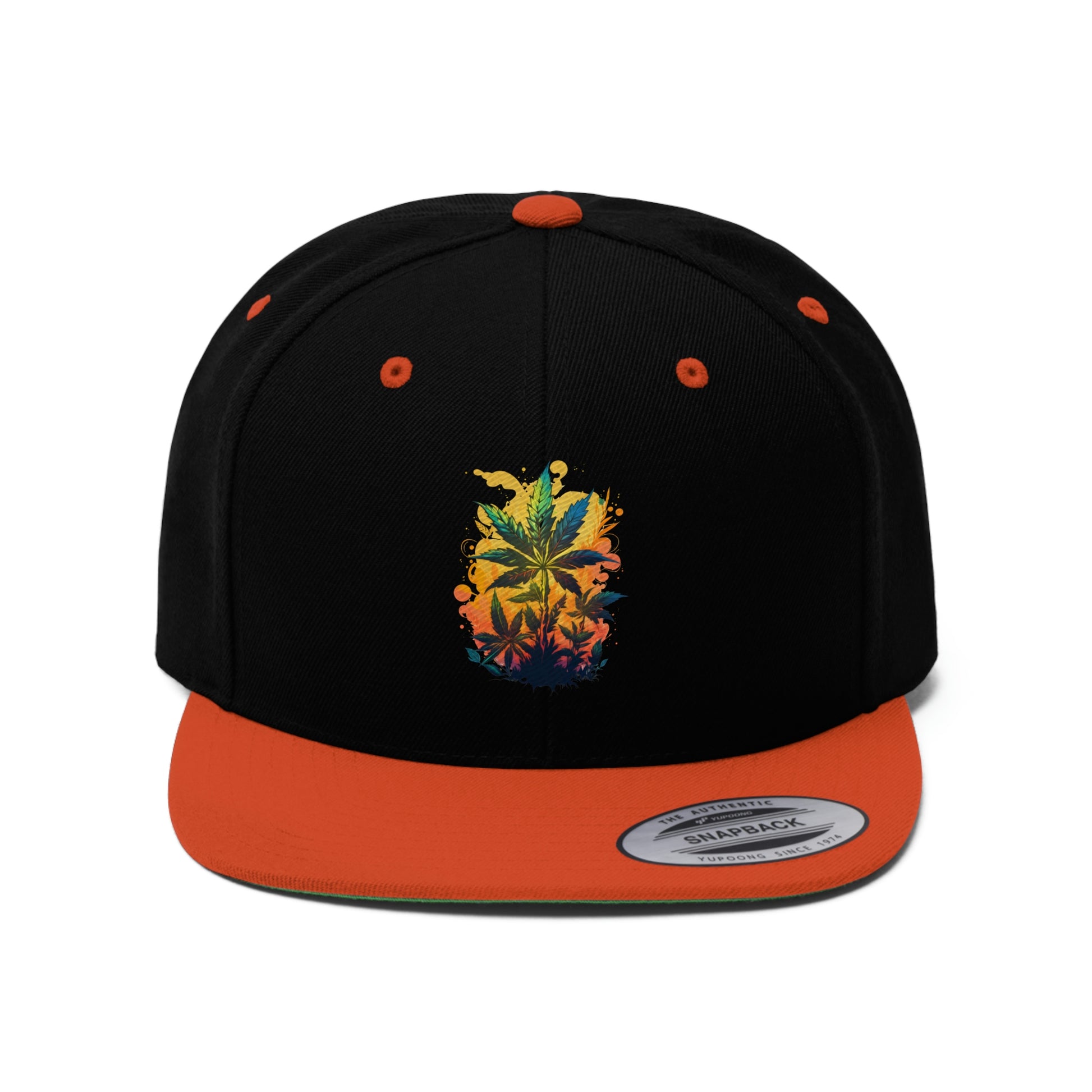 Warm Cannabis Paradise Snapback Hat with weed leaves on an orange and yellow background in the orange and black color way