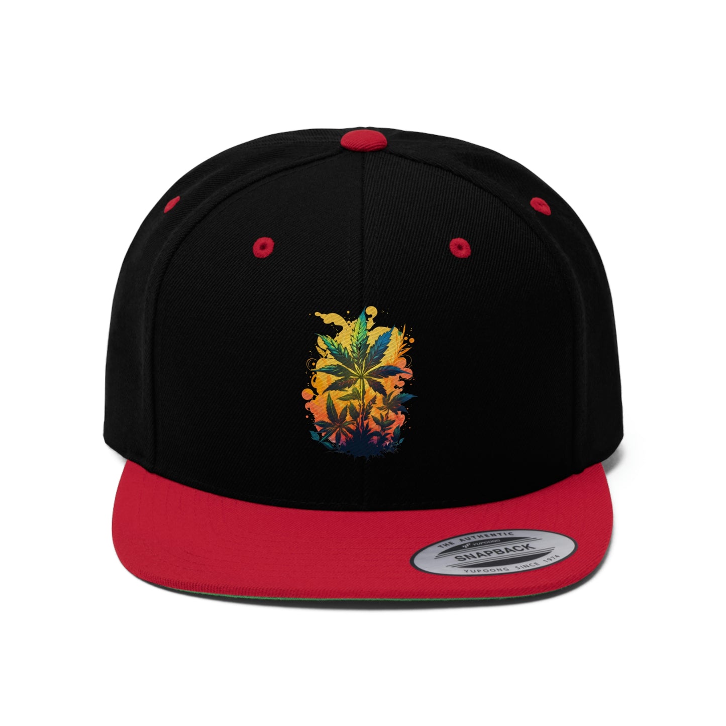 Warm Cannabis Paradise Snapback Hat with weed leaves on an orange and yellow background in the red and black color way
