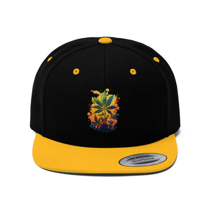 Warm Cannabis Paradise Snapback Hat with weed leaves on an orange and yellow background in the yellow and black color way