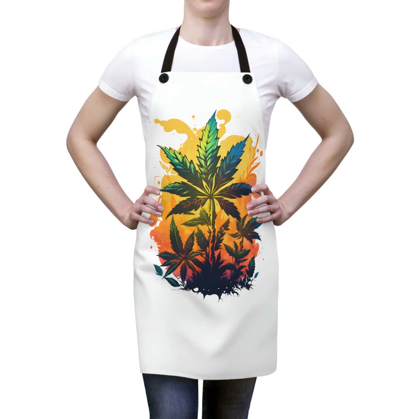 Picture of a person wearing the Cannabis Warm Paradise Chef's Apron