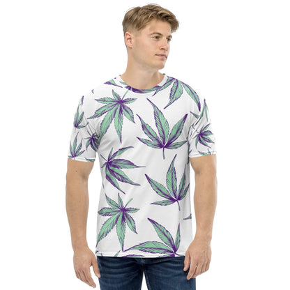a man wearing a t-shirt covered in weed leaves