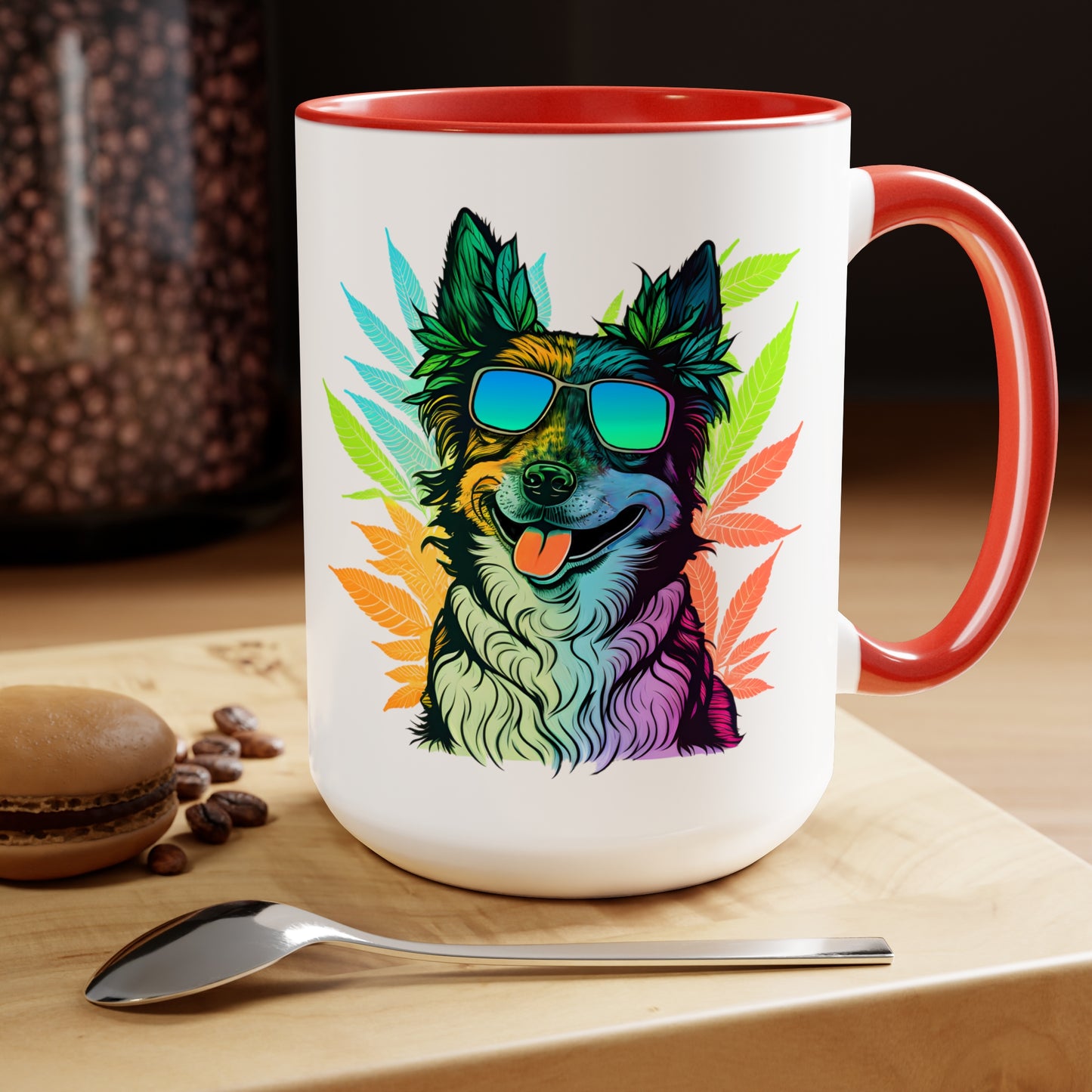 a Cannabis Border Collie Mug with an image of a dog wearing sunglasses.