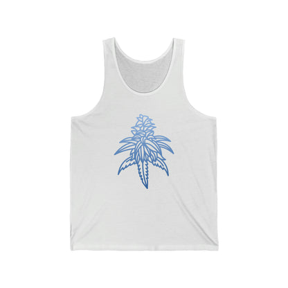 a Blue Dream Cannabis Jersey Tank with a blue leaf design.