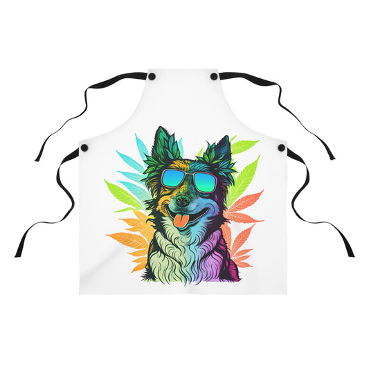 Close up of the Cool Border Collie with Sunglasses and Cannabis Leaves Chef's Apron
