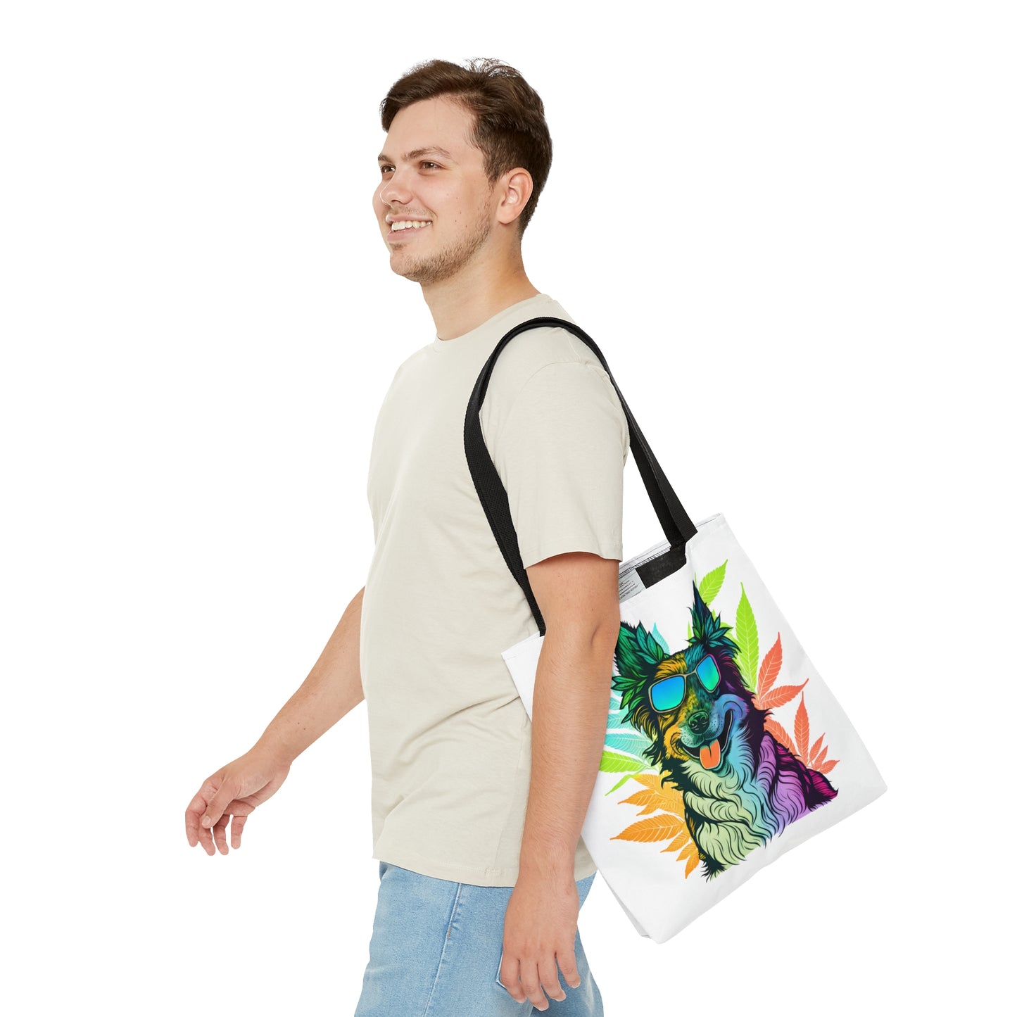 A man is happy to wear the Cool Border Collie With Shades and Weed Tote Bag