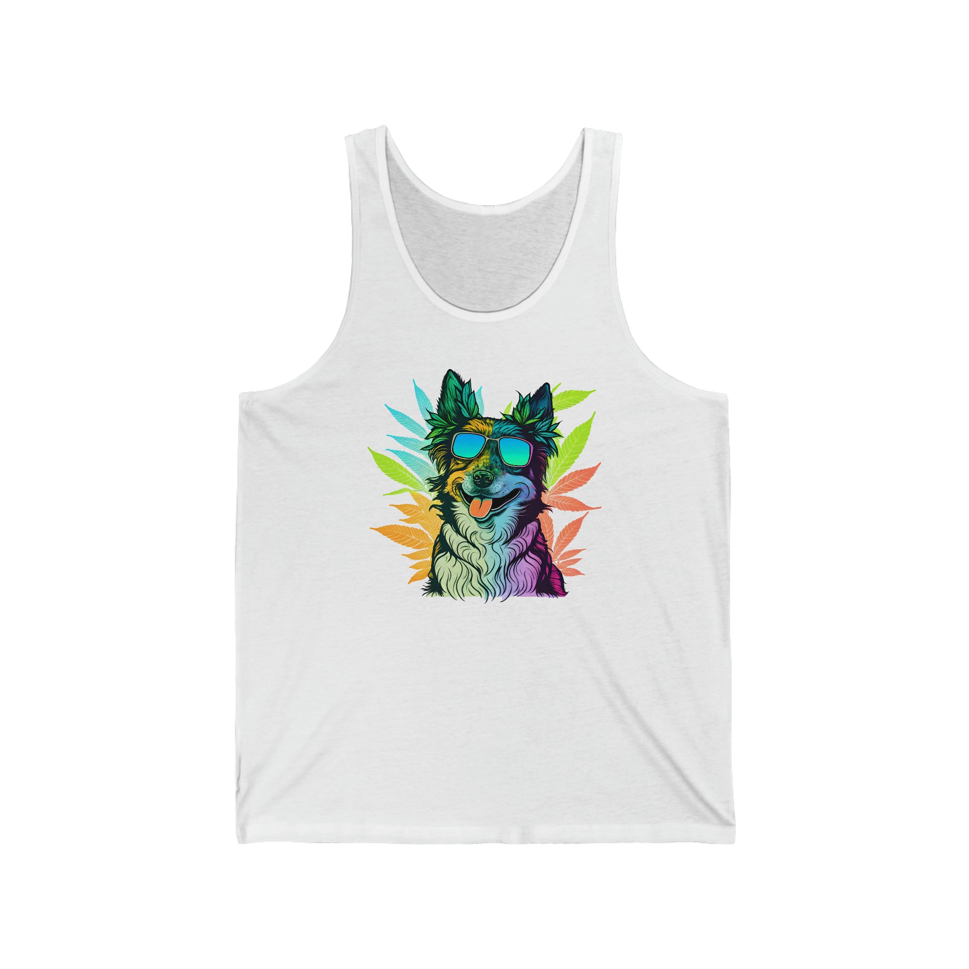 A white cannabis tank top featuring a border collie wearing shades and surrounded by marijuana leaves