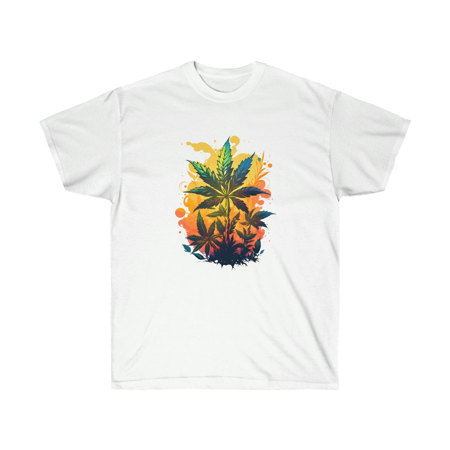 A white, warm cannabis paradise t-shirt