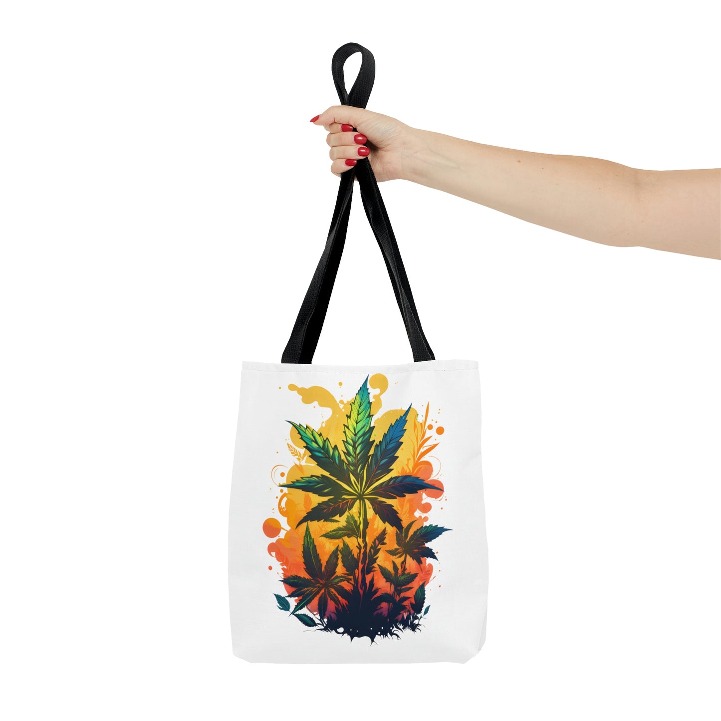 The Cannabis Warm Paradise Tote Bag is being held out in front to give a clear view of the graphic on front