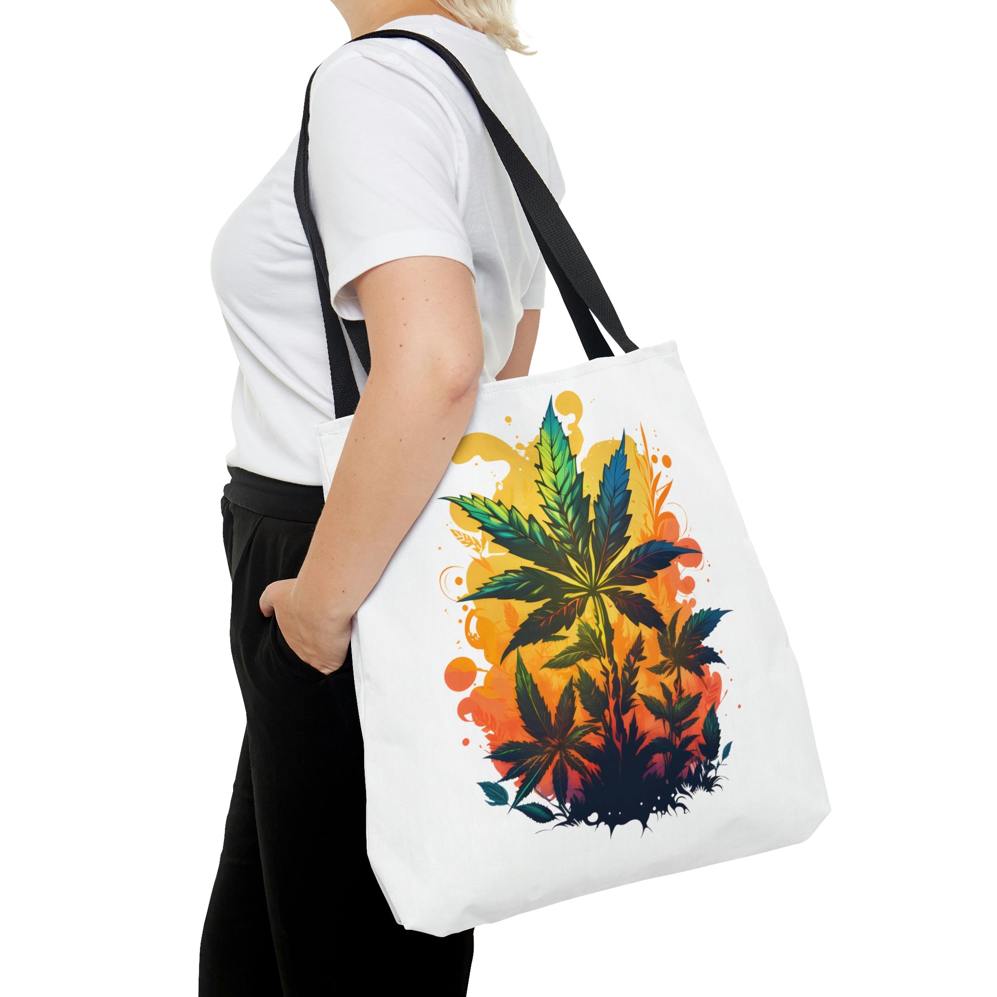 A woman is carrying the Cannabis Warm Paradise tote Bag over her left shoulder