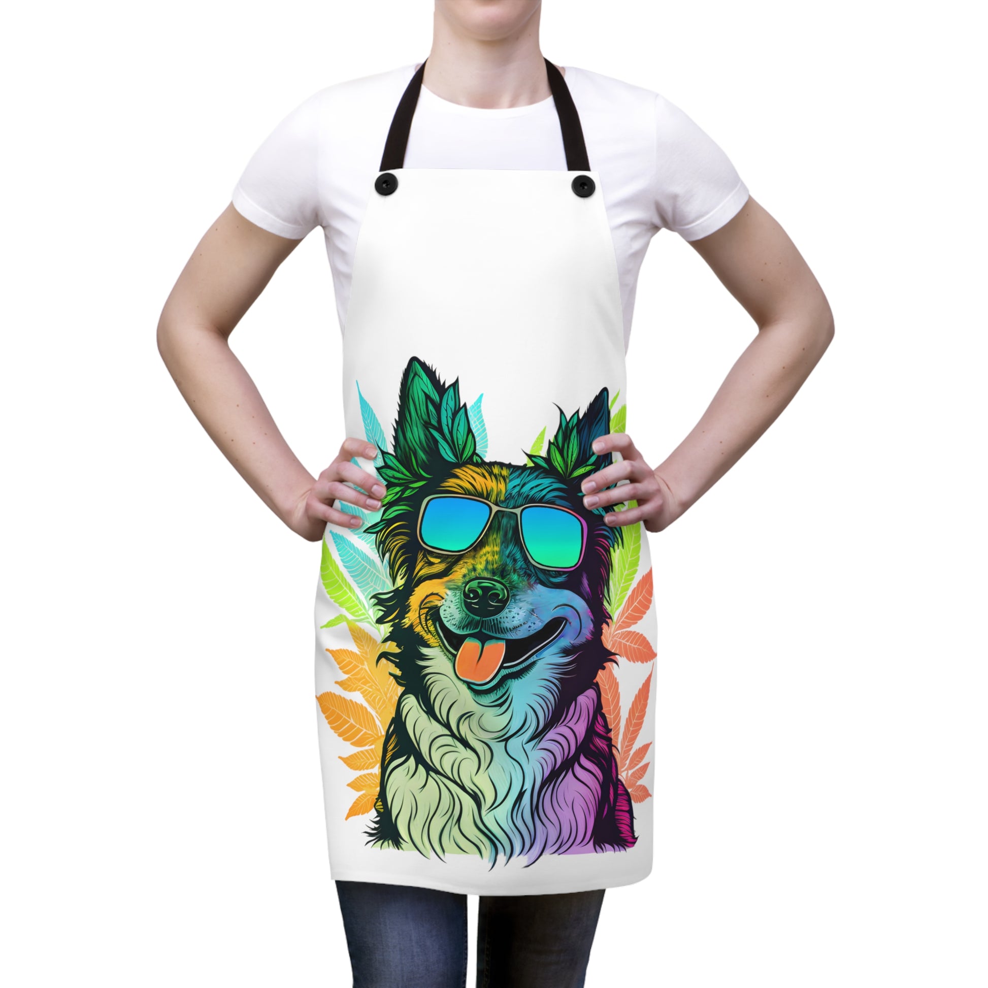 Photo of a person standing still while wearing the Cool Border Collie with Sunglasses and Cannabis Leaves Chef's Apron