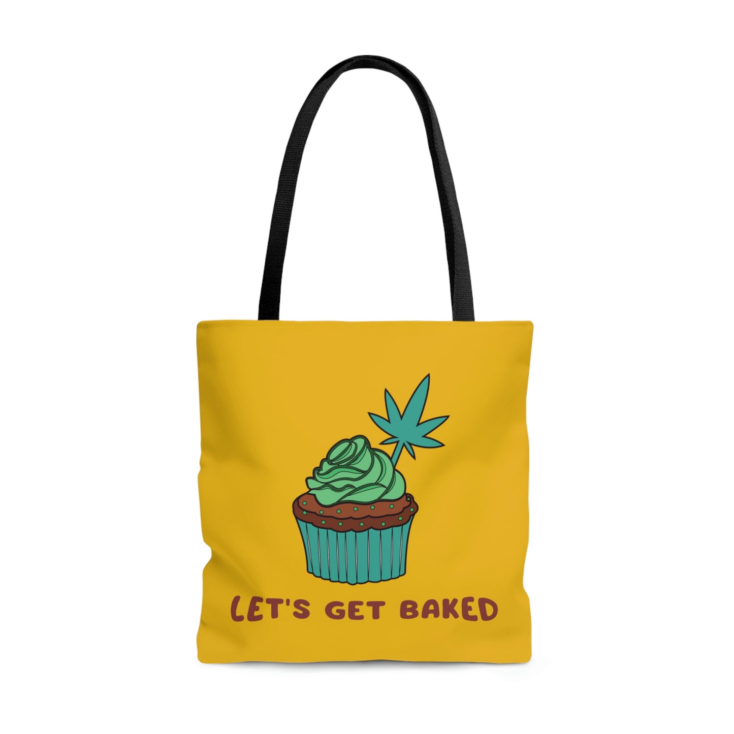 Bright Let's Get Baked Yellow Cannabis Tote Bag with cannabis cupcake designed on front 