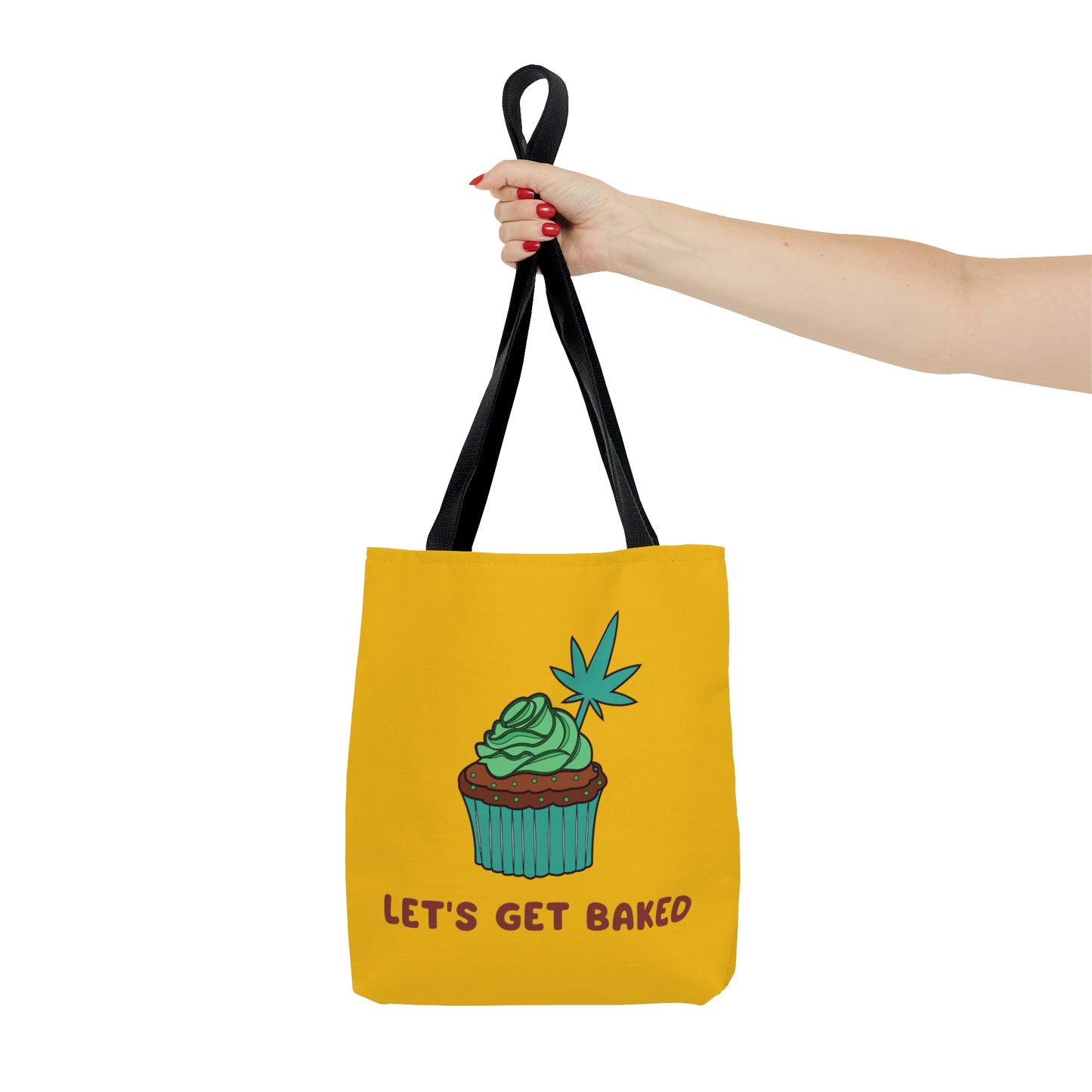 A trendy Let's Get Baked Yellow Cannabis Tote Bag with nice graphic of a weed cupcake with cannabis leaf