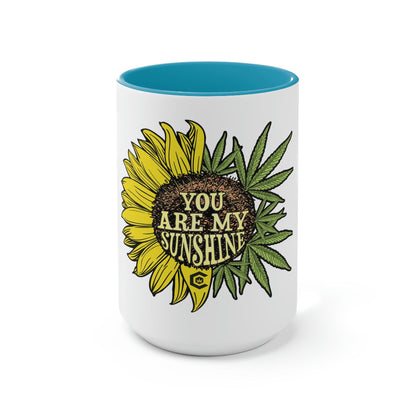 a white and light blue You Are My Sunshine cannabis Coffee Mug