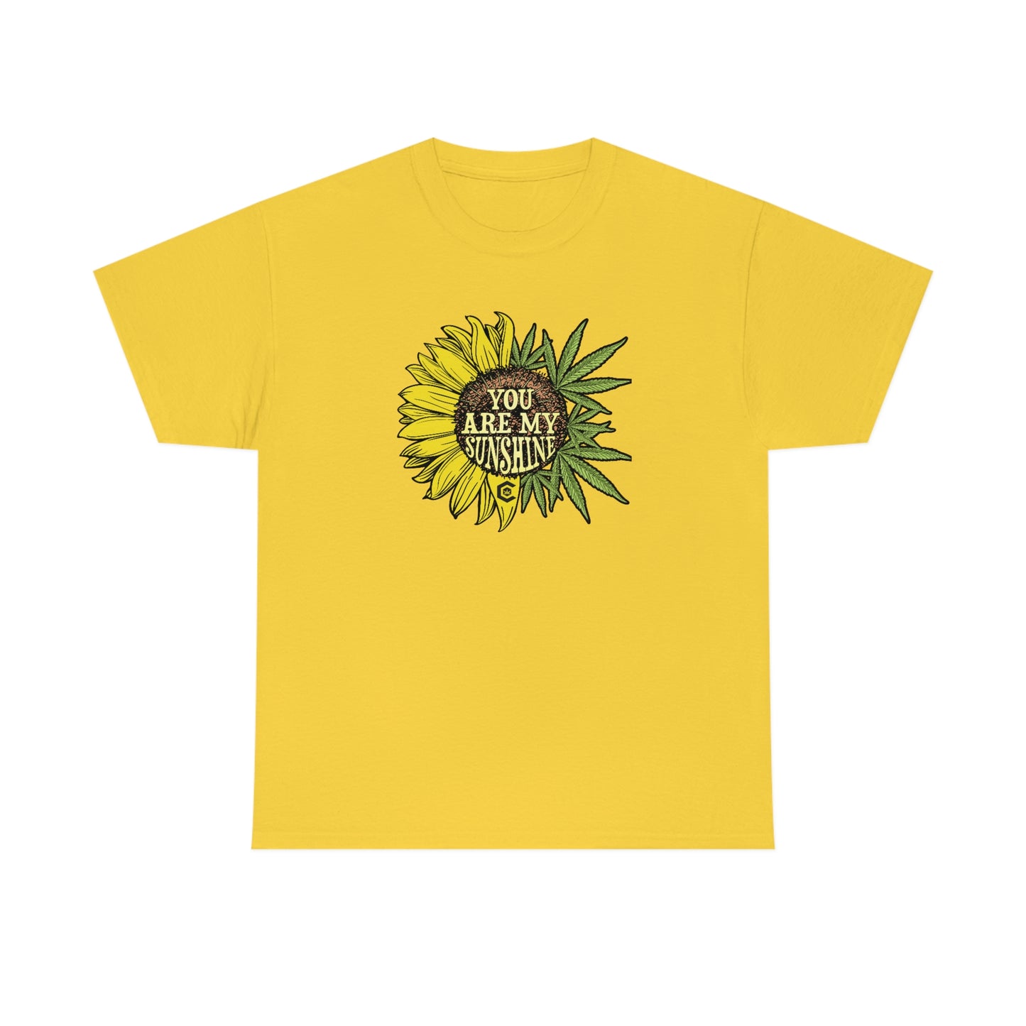 a yellow You Are My Sunshine Weed T-Shirt with a sunflower on it.