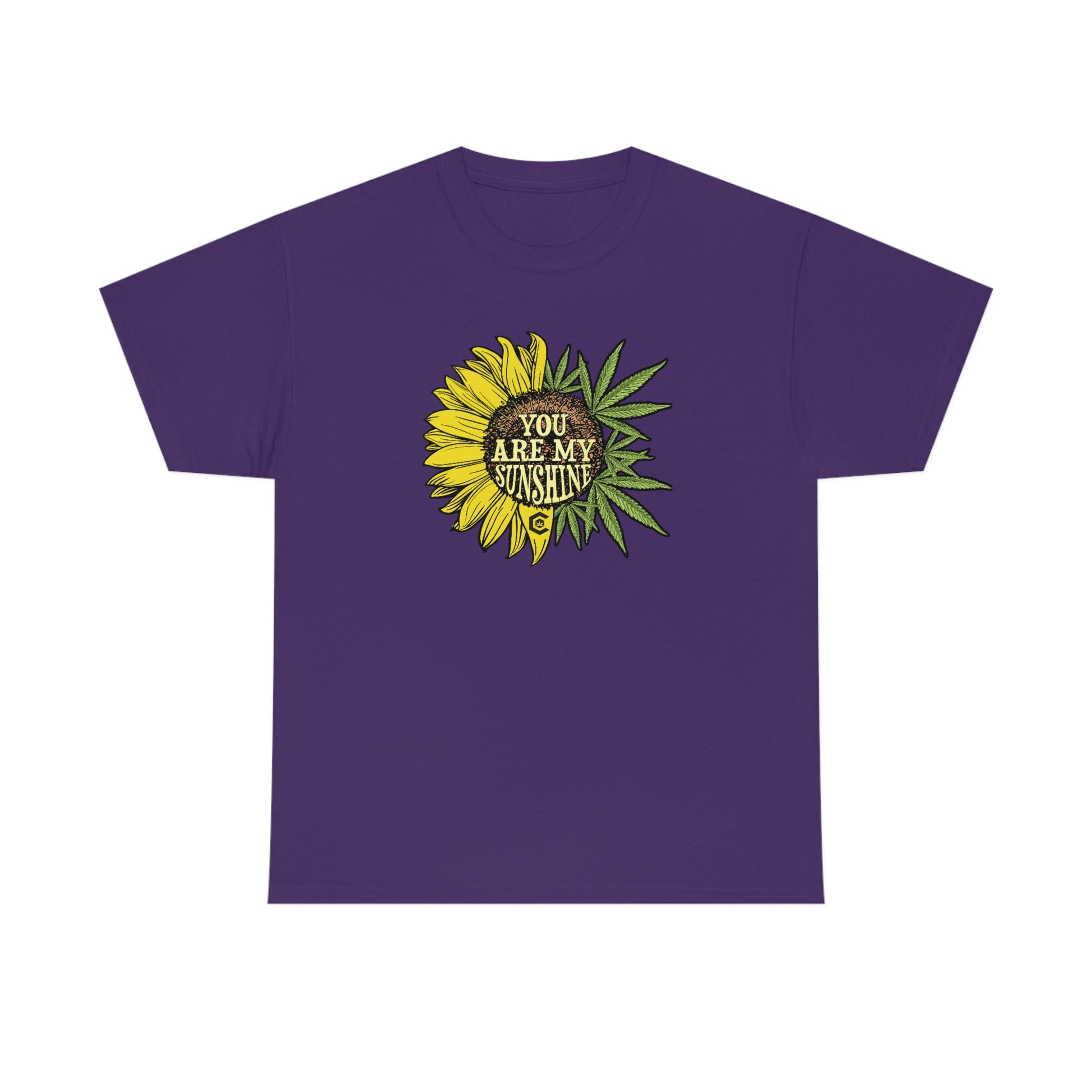 a purple You Are My Sunshine Weed T-Shirt with a sunflower on it.