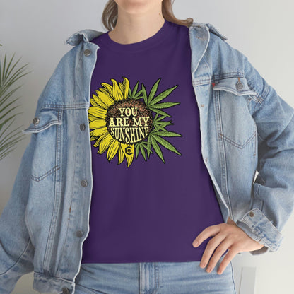 a woman wearing a You Are My Sunshine Weed T-Shirt.