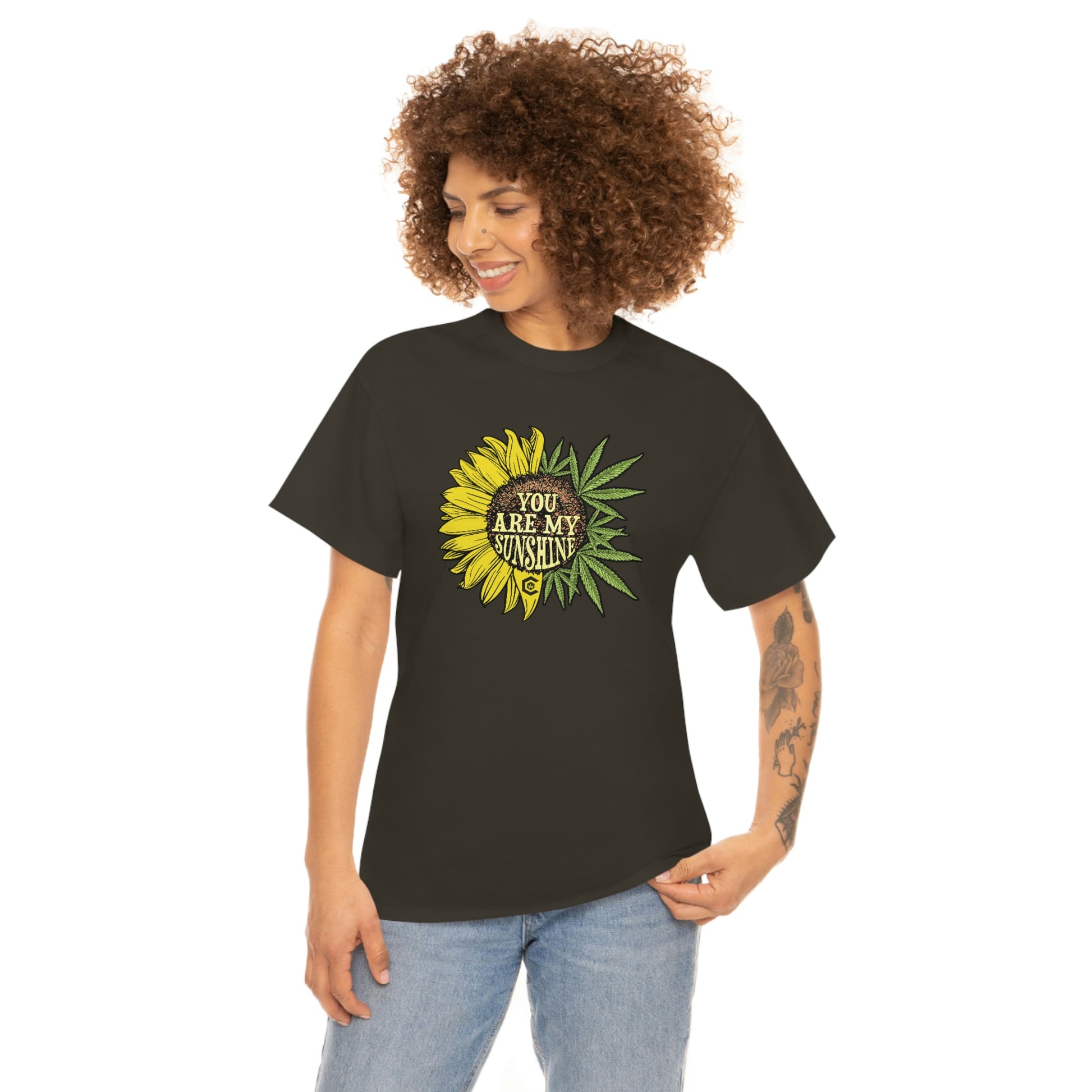 a woman wearing a black You Are My Sunshine Weed T-Shirt.