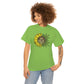 a woman wearing a You Are My Sunshine Weed T-Shirt with a sunflower on it.
