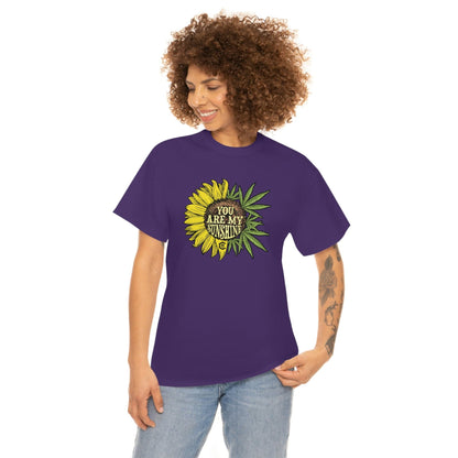 a woman wearing a You Are My Sunshine Weed T-Shirt.