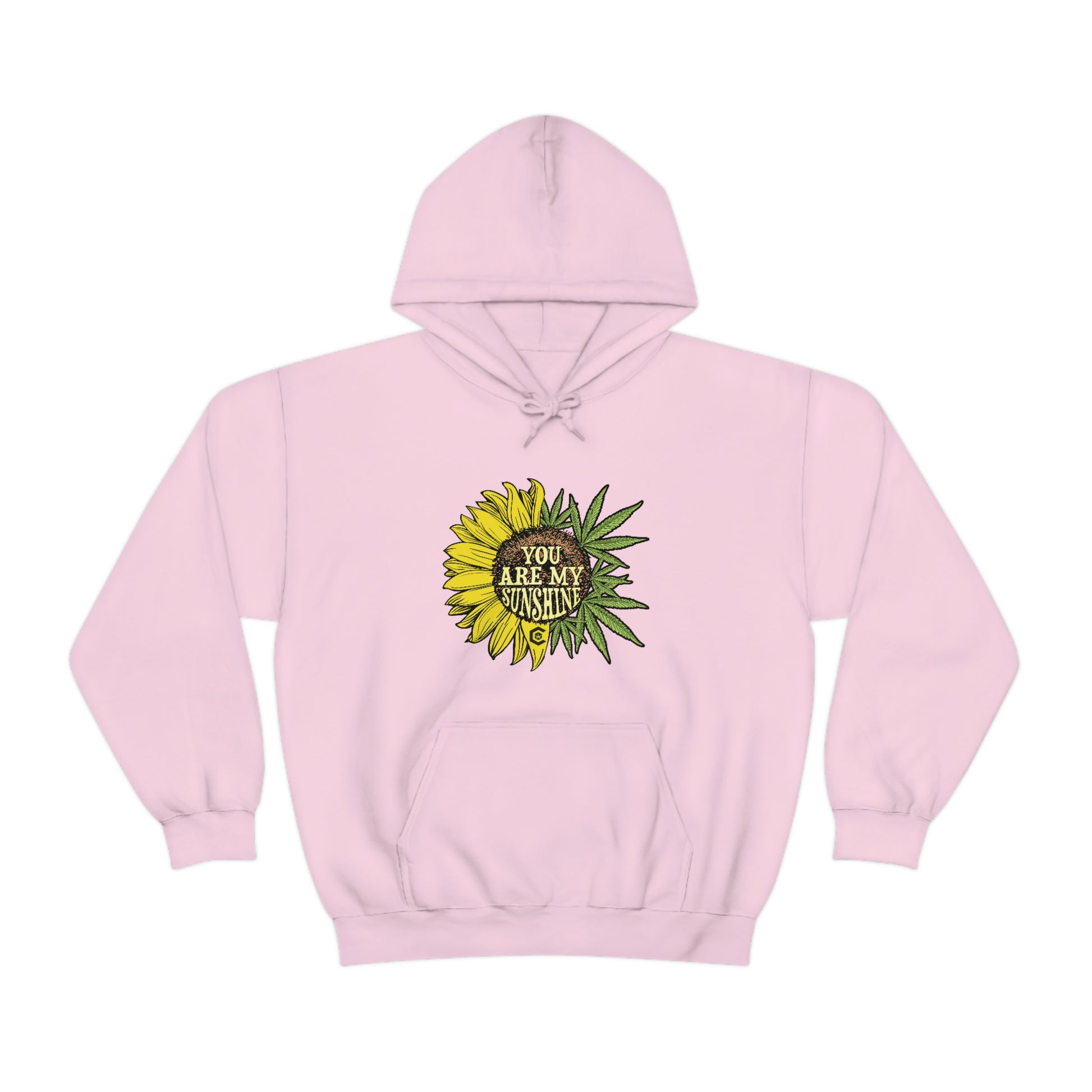 a pink You Are My Sunshine Cannabis Sweatshirt with a sunflower on it.