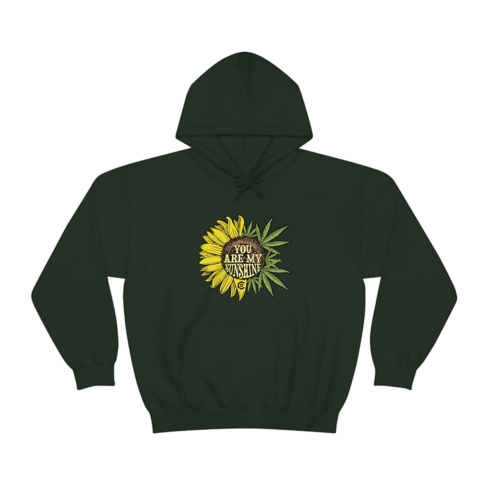 a You Are My Sunshine Cannabis Sweatshirt with a yellow sunflower on it.