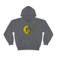 a grey sweatshirt with a "You Are My Sunshine Cannabis" sunflower.