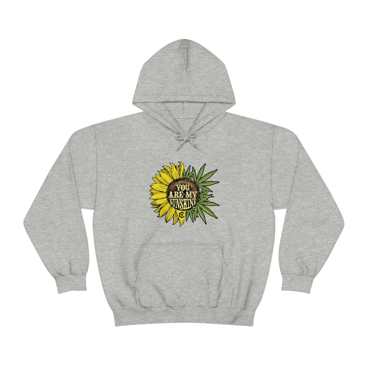 a grey You Are My Sunshine Cannabis Sweatshirt with a sunflower on it.