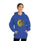a woman wearing a blue You Are My Sunshine Cannabis Sweatshirt with a sunflower on it.