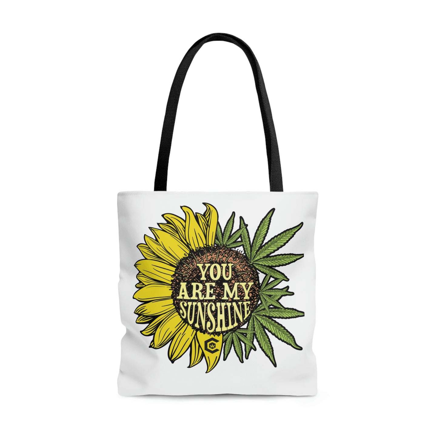 Nicely decorated You Are My Sunshine Marijuana Tote Bag with cool graphics of a sunflower and ganja leaves intertwined together