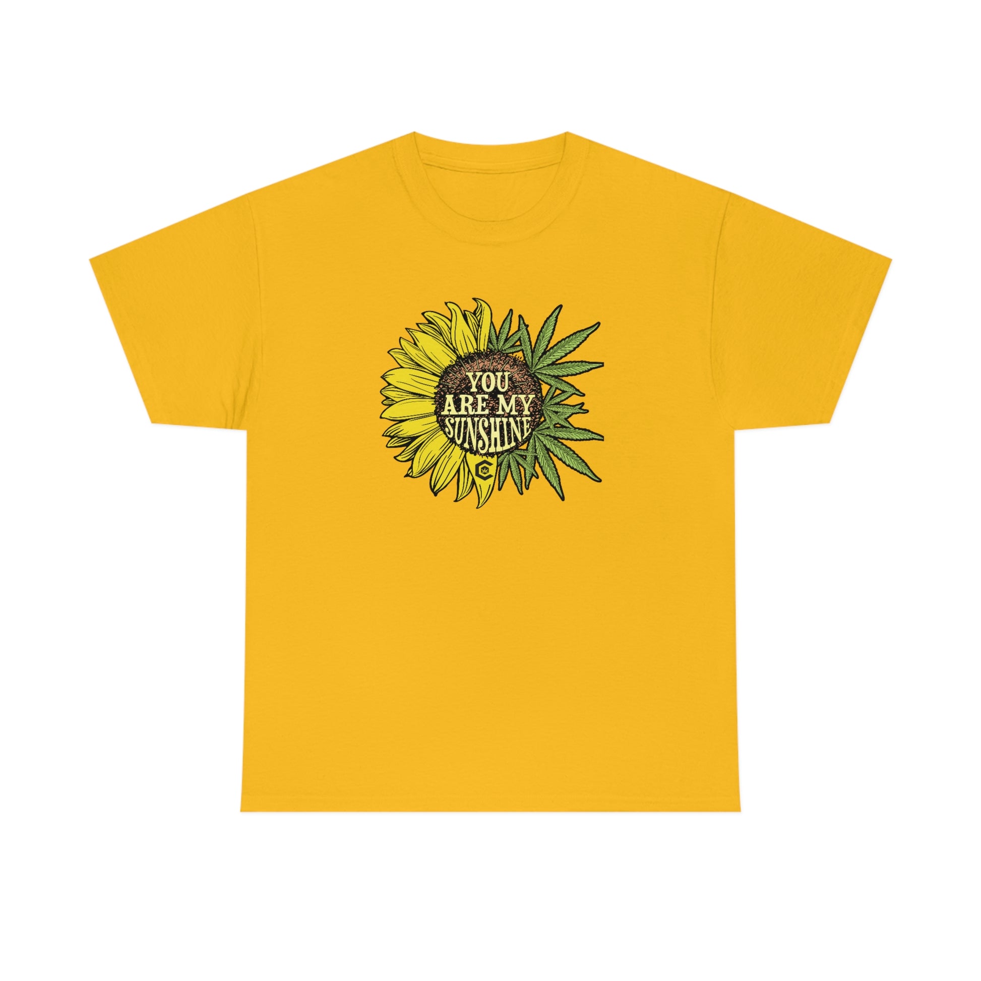 a yellow You Are My Sunshine Weed T-Shirt with a sunflower on it.