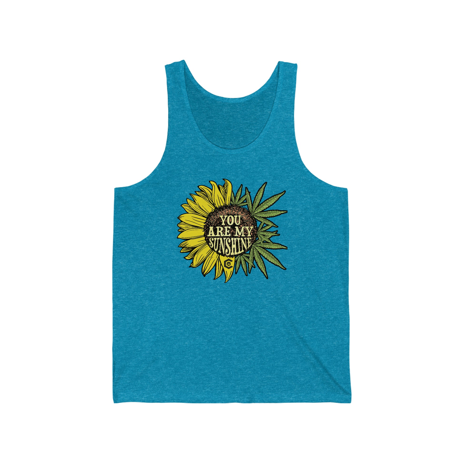 an aqua blue You Are My Sunshine weed Jersey Tank with a sunflower on it.