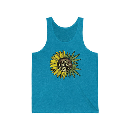 an aqua blue You Are My Sunshine weed Jersey Tank with a sunflower on it