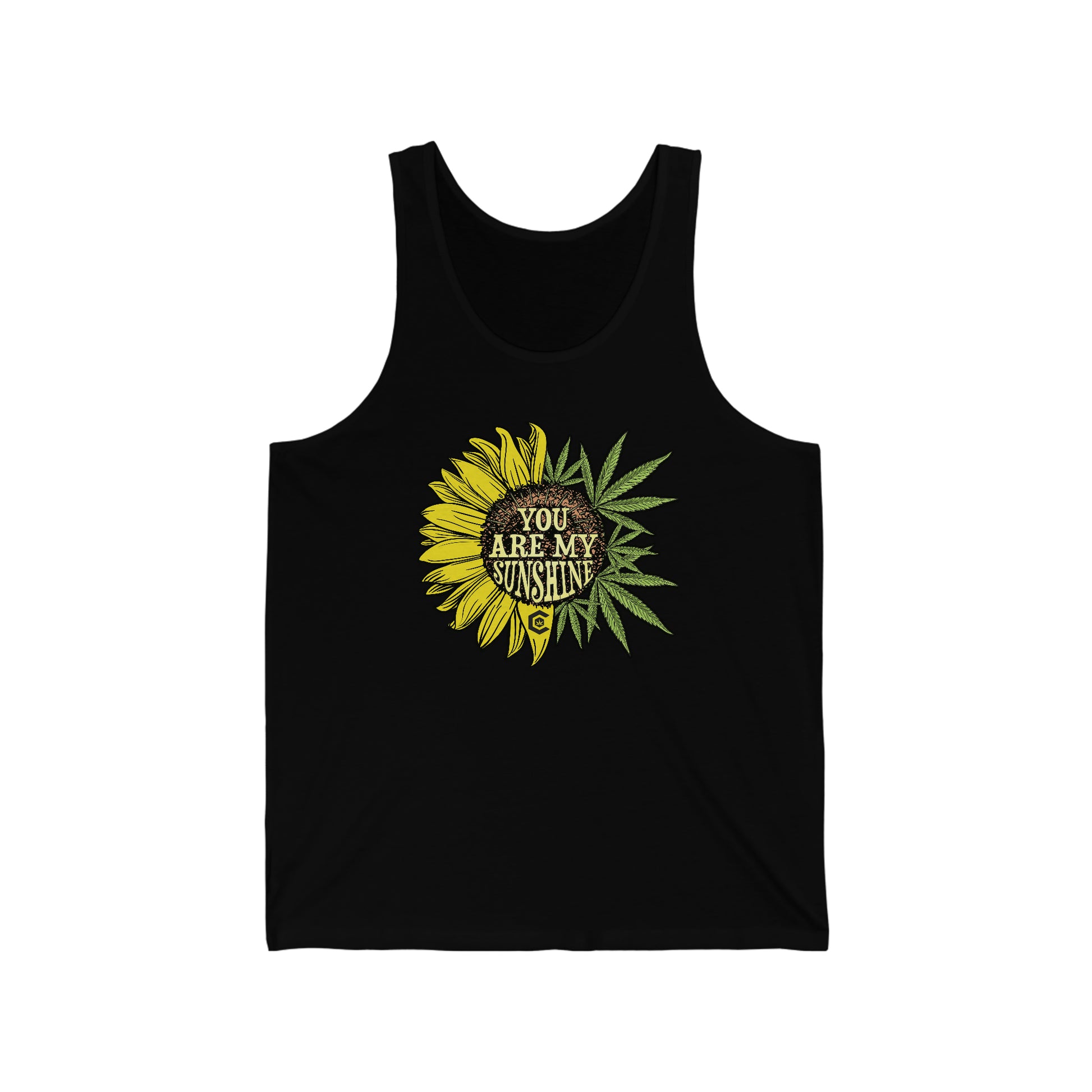 a black You Are My Sunshine weed tank top with a sunflower on it.