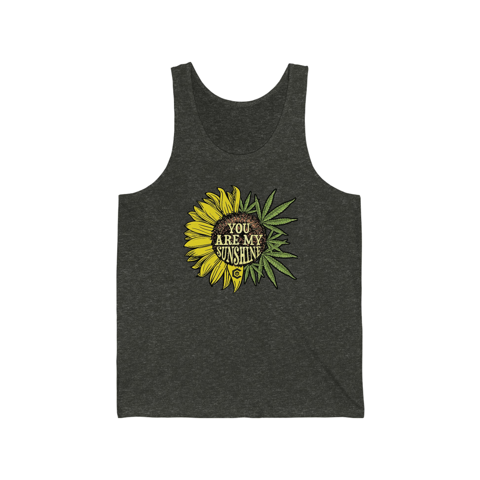 a charcoal gray You Are My Sunshine weed Jersey Tank with a sunflower on it.