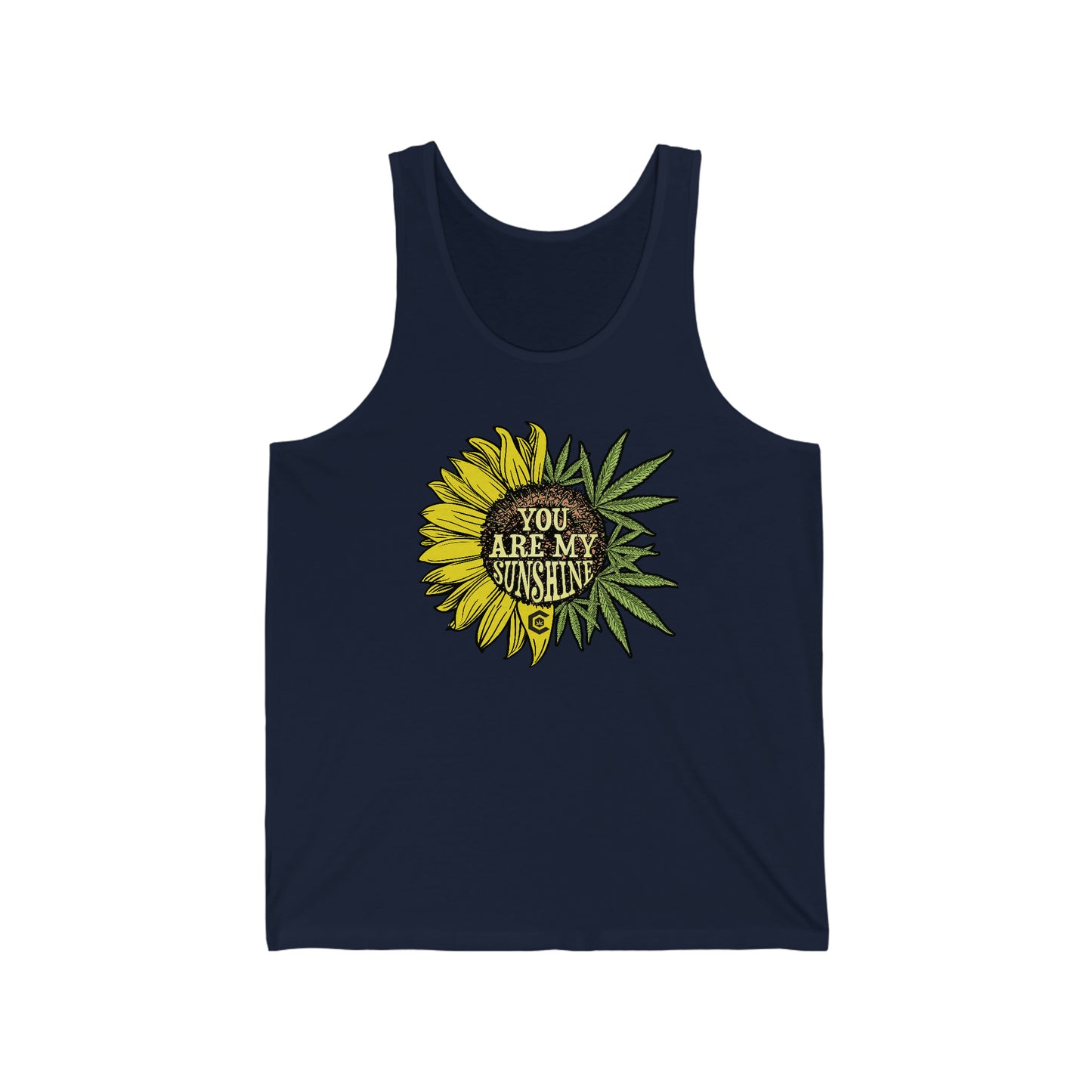 A You Are My Sunshine Cannabis Jersey Tank with a sunflower and a weed leaf on it.