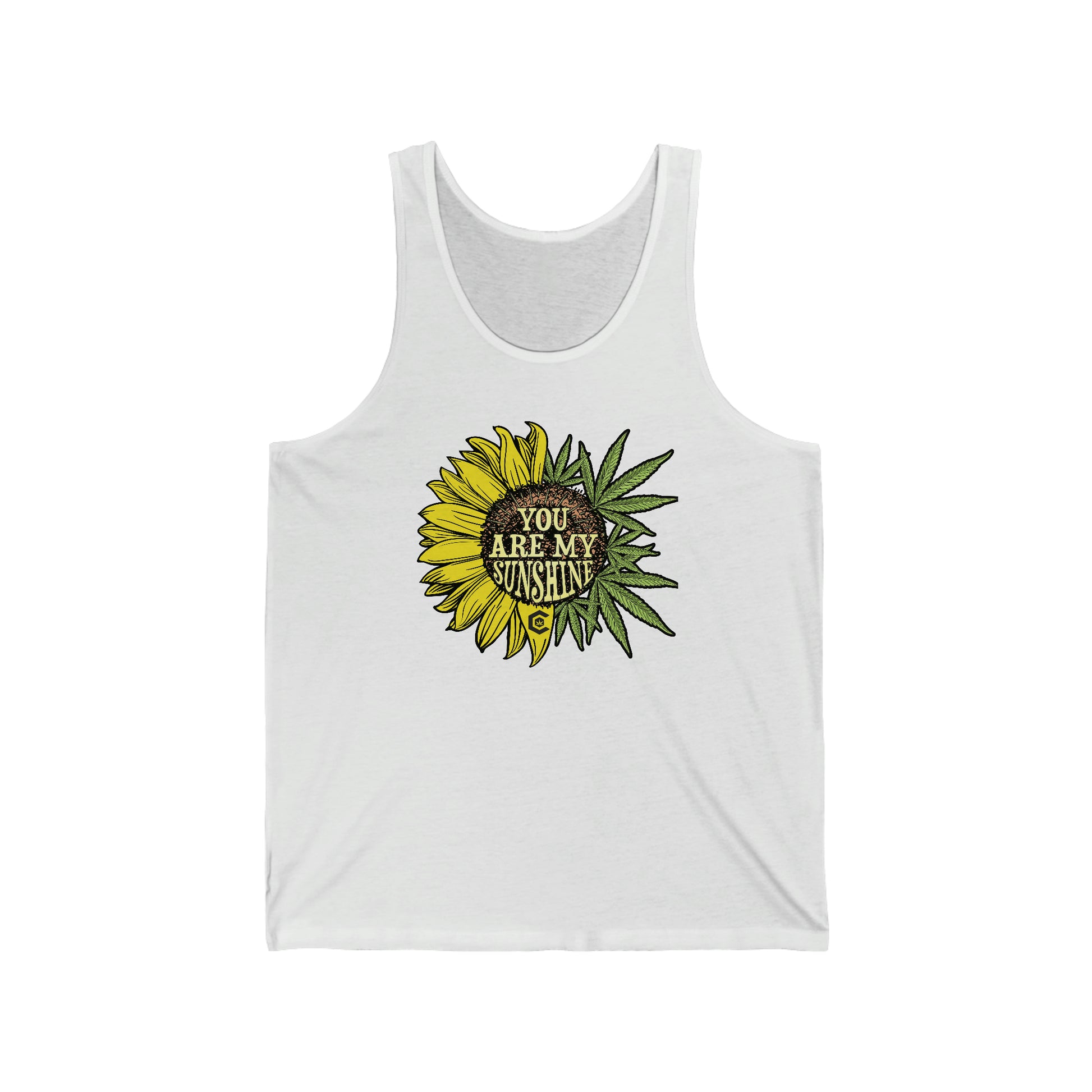 a white You Are My Sunshine Cannabis Jersey Tank top with a sunflower on it.
